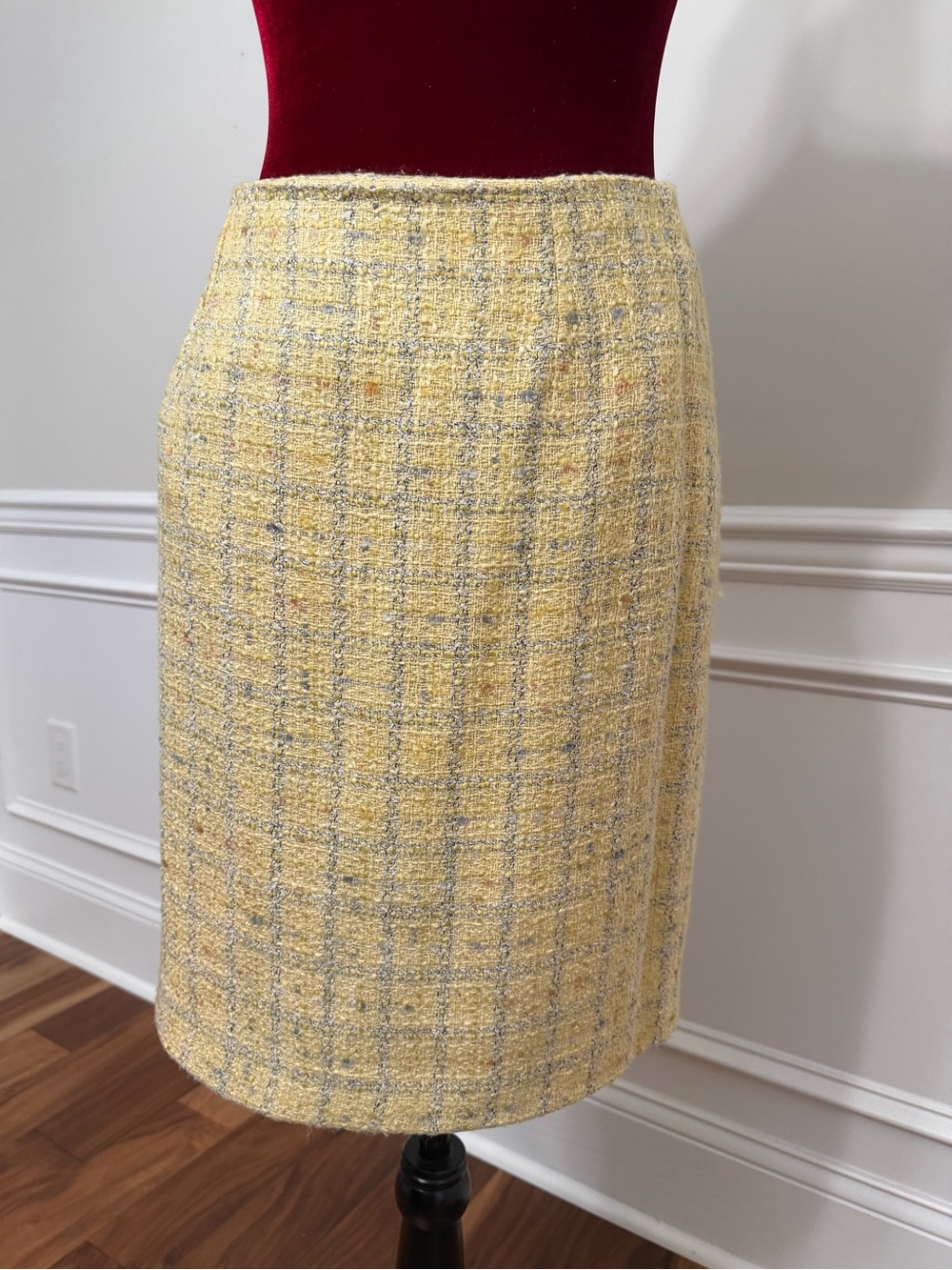 Vintage Laura Ashley Yellow Plaid Tweed Pencil Skirt Size 8 Made in Poland Lined